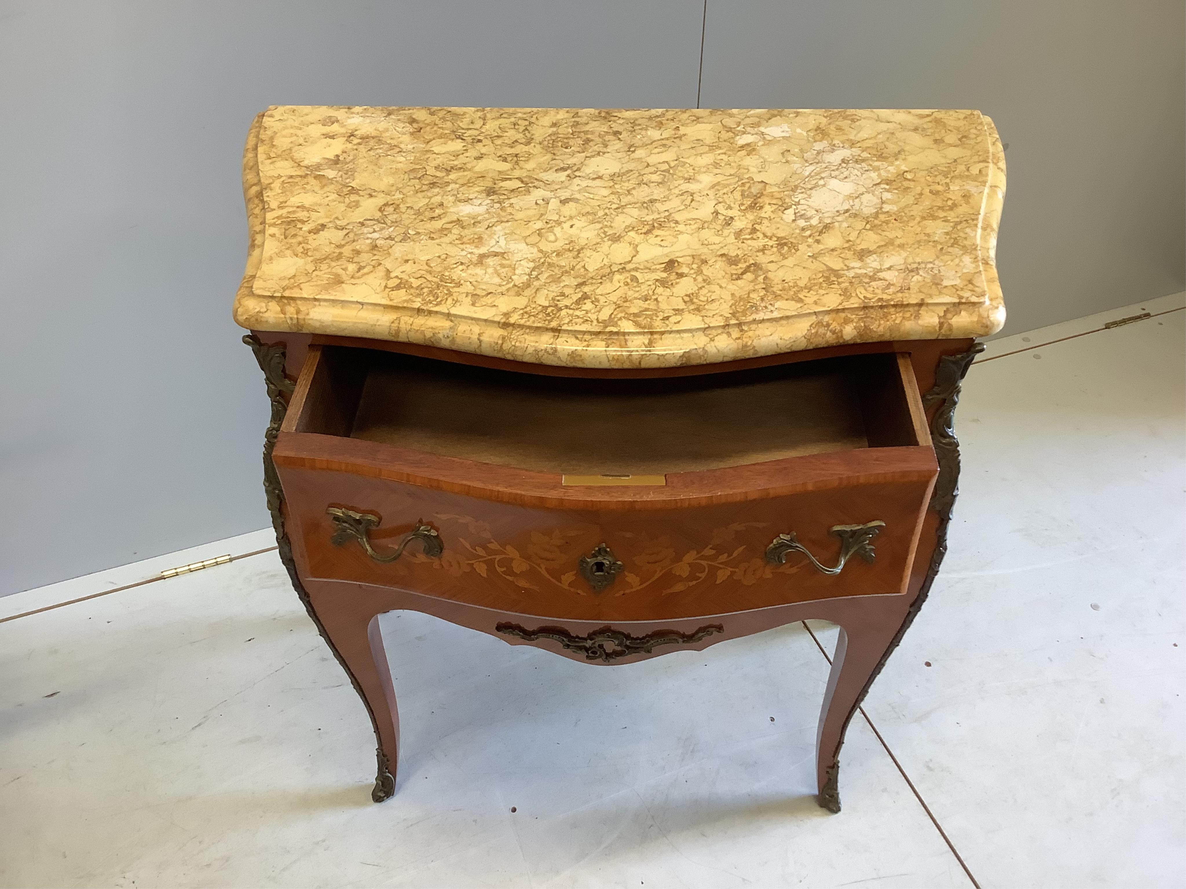 A Louis XVI style inlaid kingwood marble top bombe commode, width 78cm, depth 40cm, height 84cm. Condition - good